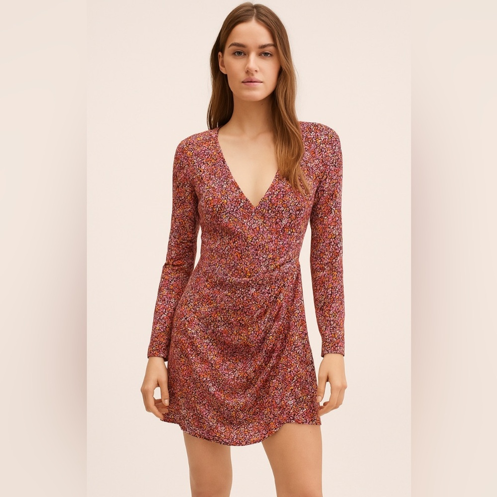 H&M Pink Multicolor Floral Print V Neck Long Sleeve Dress size XS